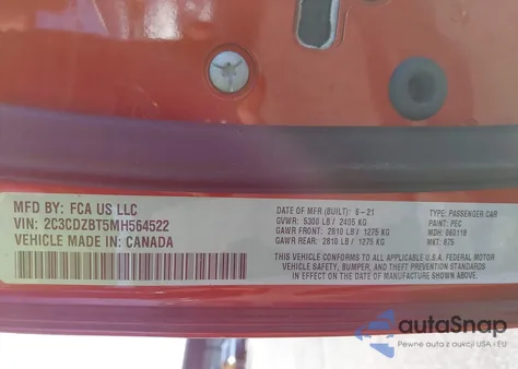 2021 Dodge Challenger R/T z USA, uszkodzony, nr VIN 2C3CDZBT5MH564522